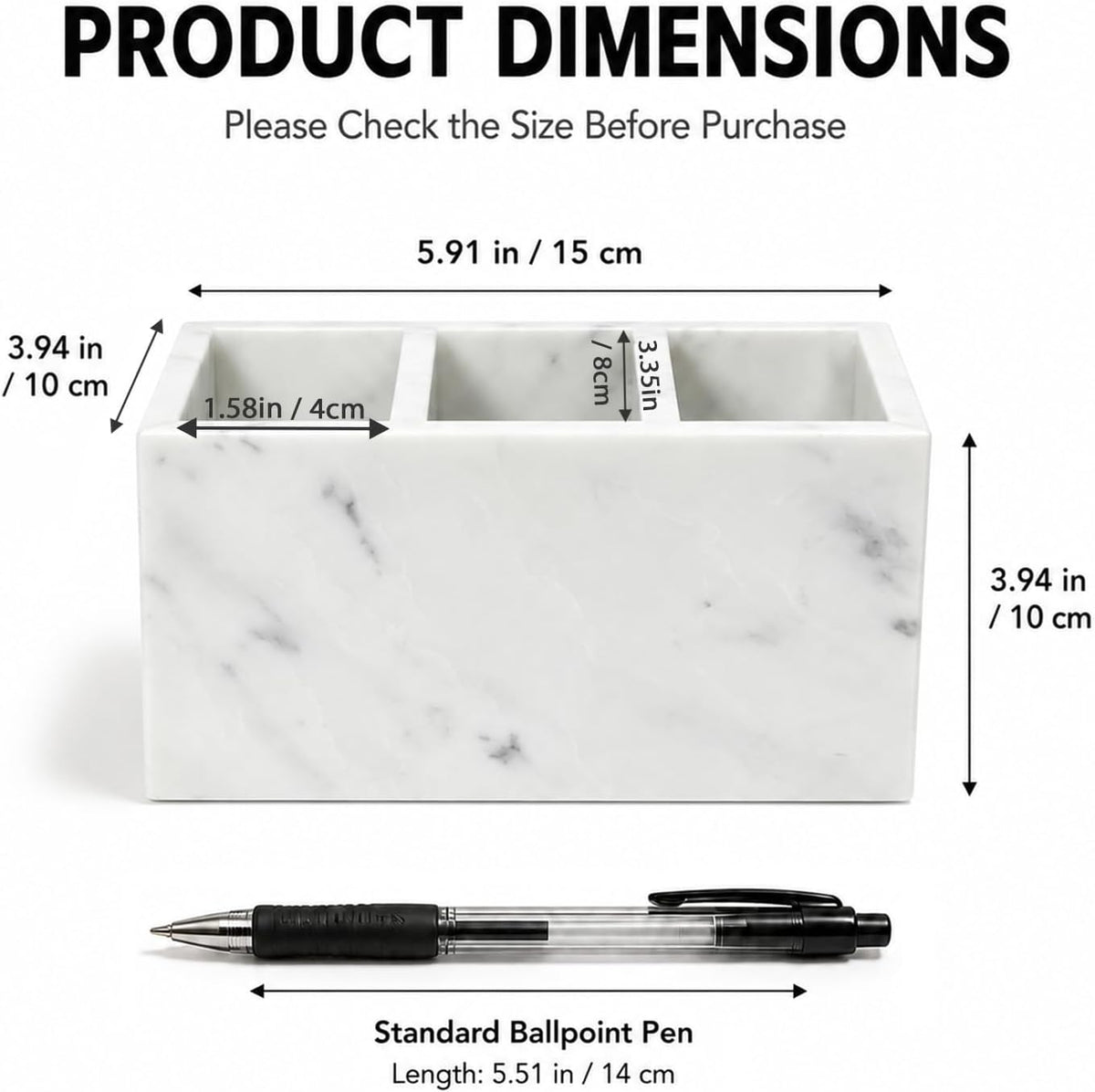 White Marble Pen Holder with 3 Compartments, Natural Stone Desk Organizer