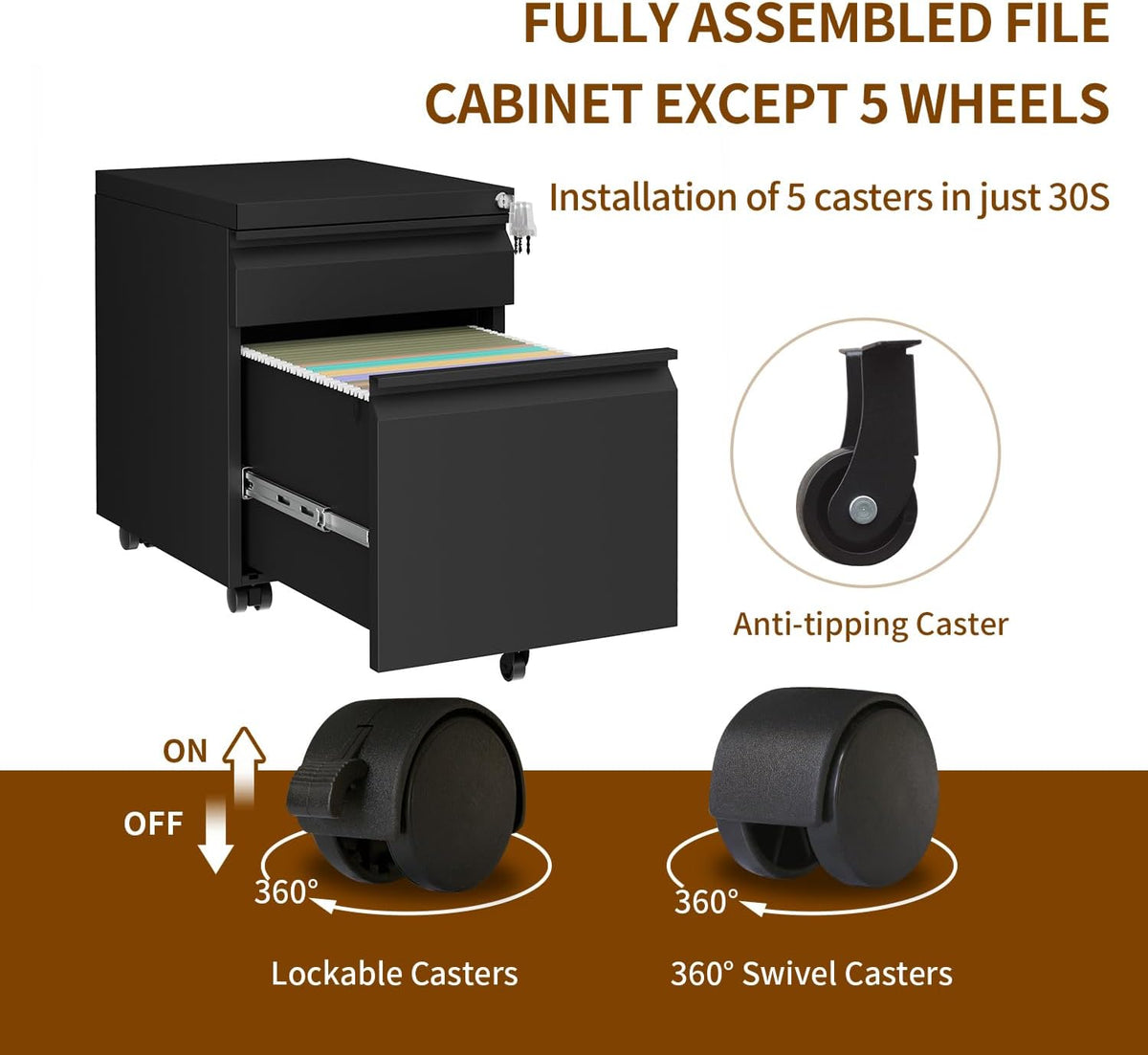 2 Drawer Metal Mobile File Cabinet with Lock and 4 Keys