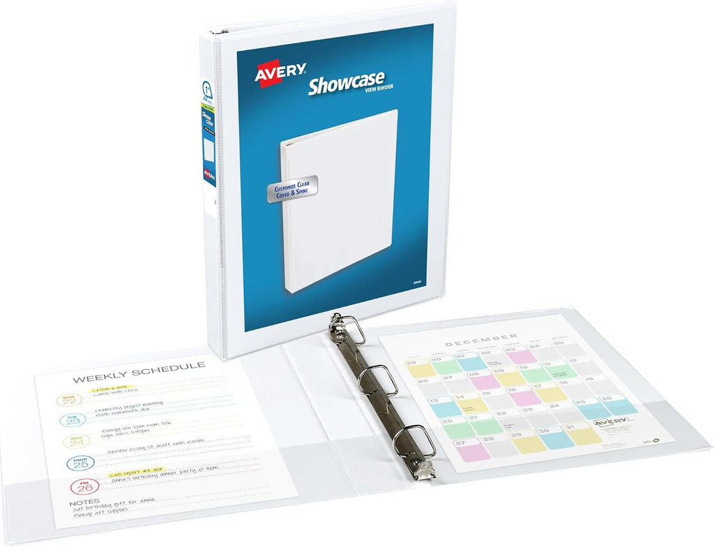 Avery Showcase Standard View 3 Ring Binders, 1" Slant Rings, 250-Sheet Capacity, 1.4 Inch Wide Spine, White Binders, Ideal for Lightweight Organization and Occasional Referencing (12-Pack of 19601)