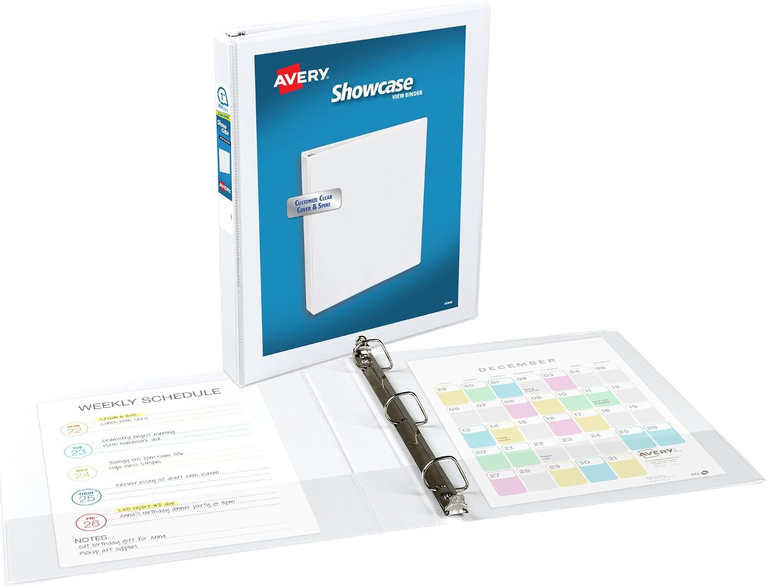 Avery Showcase Standard View 3 Ring Binders, 1" Slant Rings, 250-Sheet Capacity, 1.4 Inch Wide Spine, White Binders, Ideal for Lightweight Organization and Occasional Referencing (12-Pack of 19601)