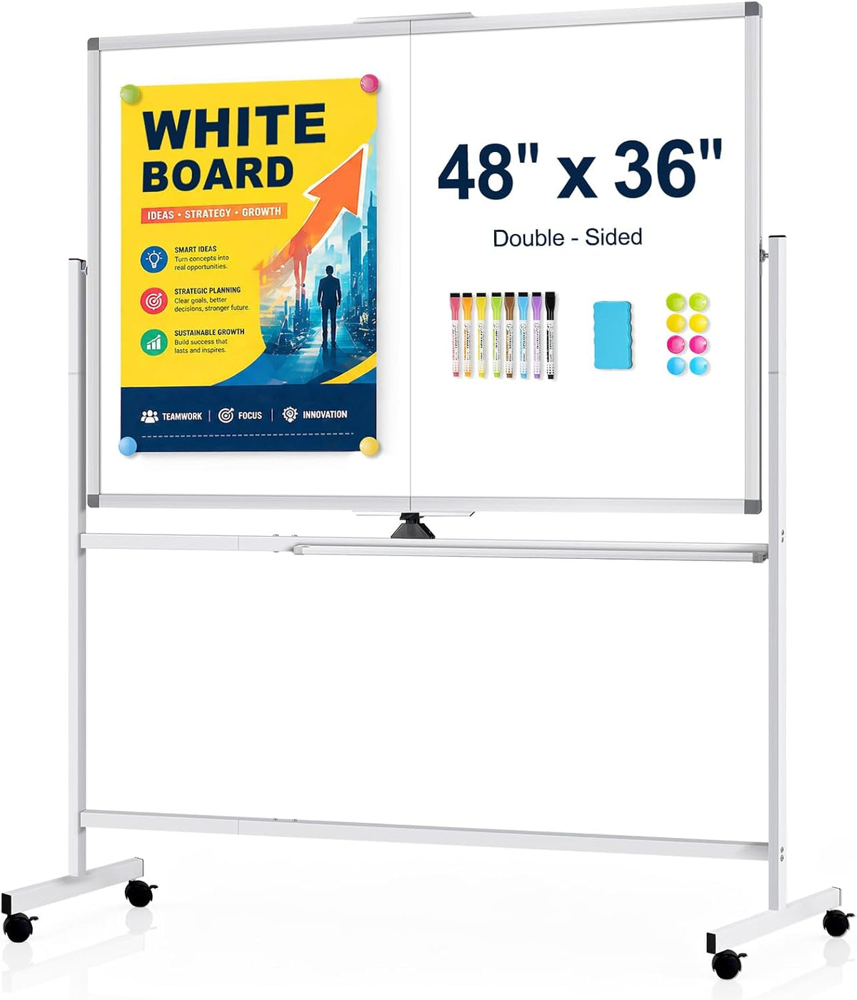 Rolling Whiteboard on Wheels, 48” x 36” Standing Dry Erase Board | 4' x 3...