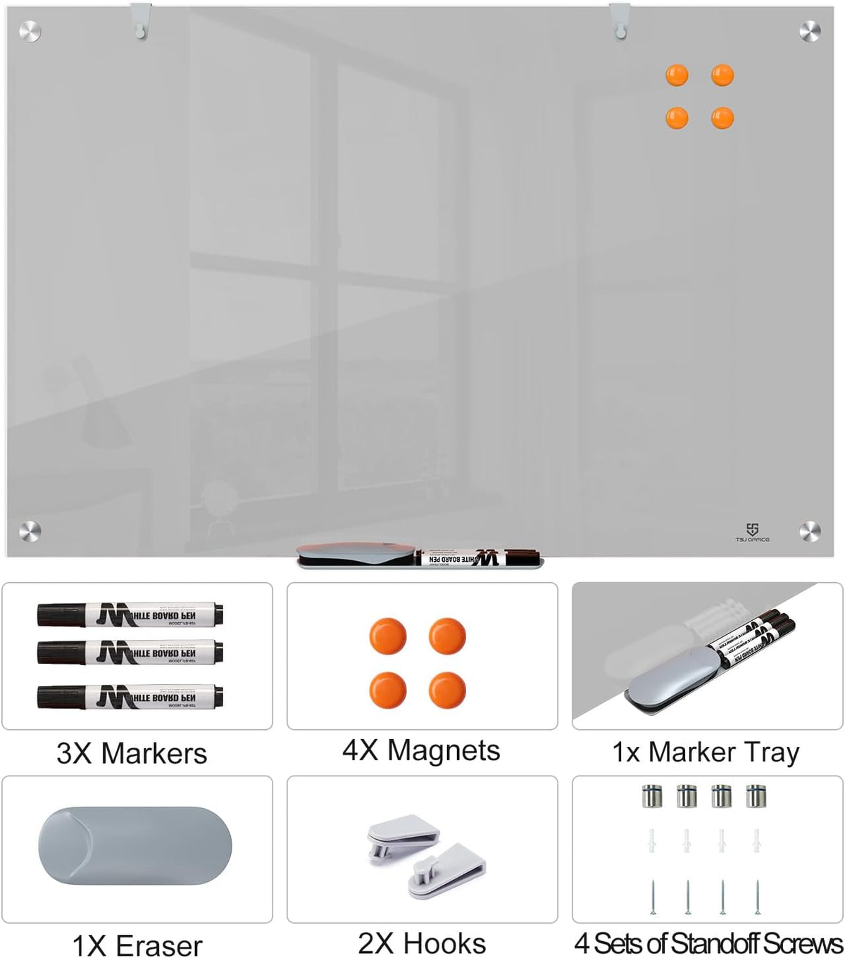 TSJ OFFICE White Board for Wall - 36" x 24" Gray Glass Board 3 X 2 FT