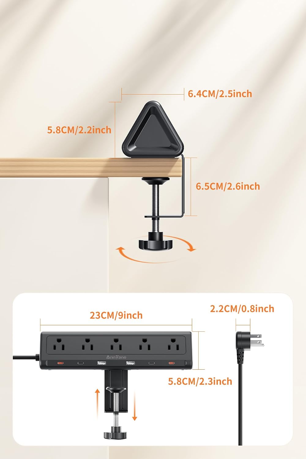 AnnTane Desk Clamp Power Strip USBC, 40W Fast Charging, 6.5 Ft, Black