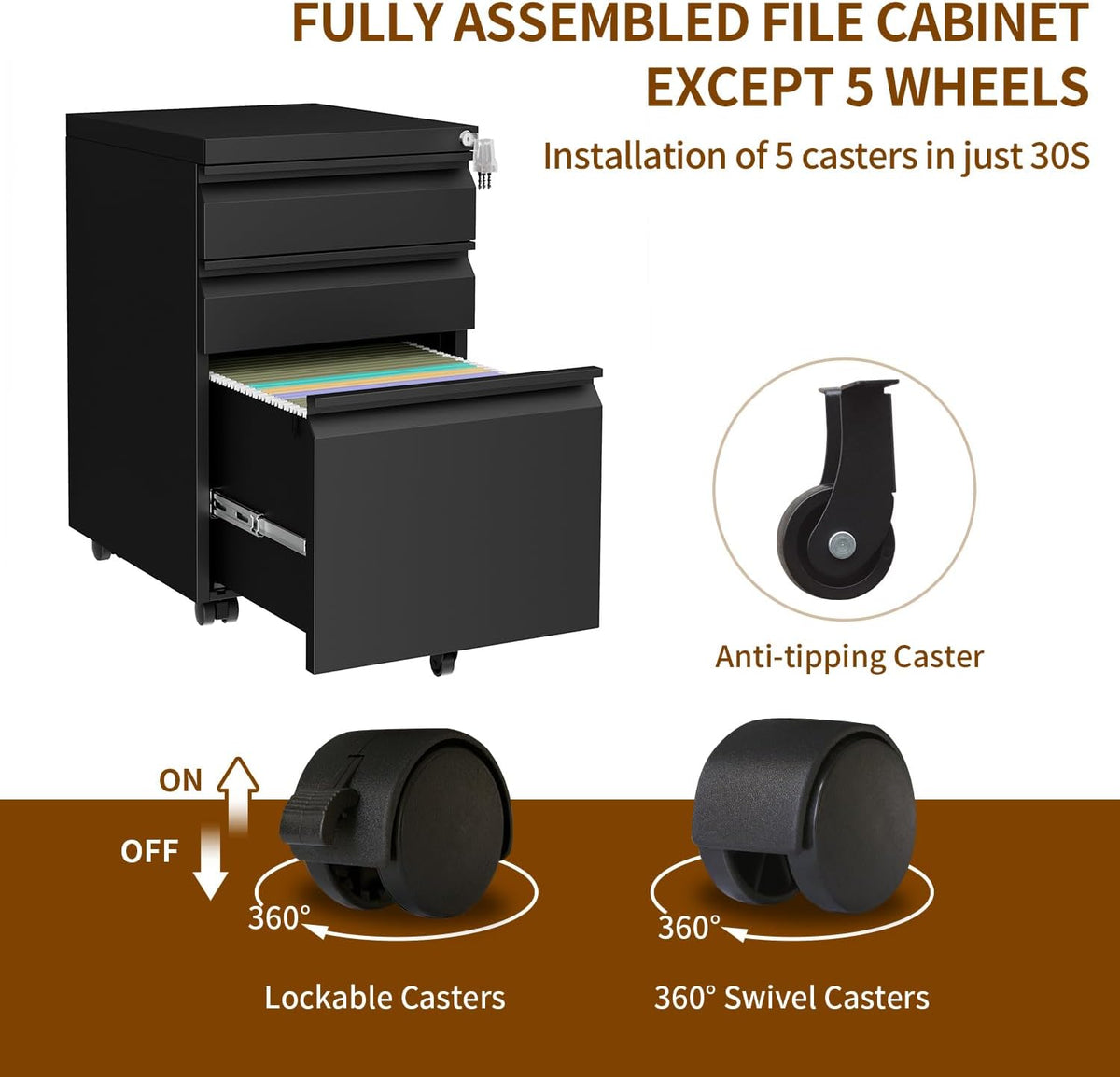 3 Drawer Metal Mobile File Cabinet with Lock and 4 Keys