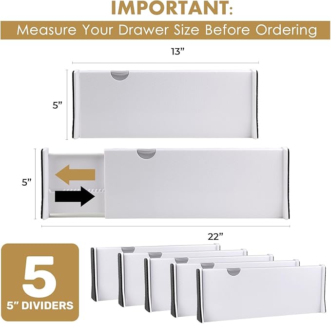 RAPTUROUS Adjustable Deep Drawer Divider – 5" Tall, Expandable 13-22", Non-Slip - Image 2