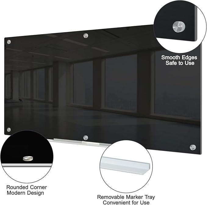 J&J worldwide Magnetic Black Glass Whiteboard 6' x 3', 70 x 35 Inches Large - Image 2