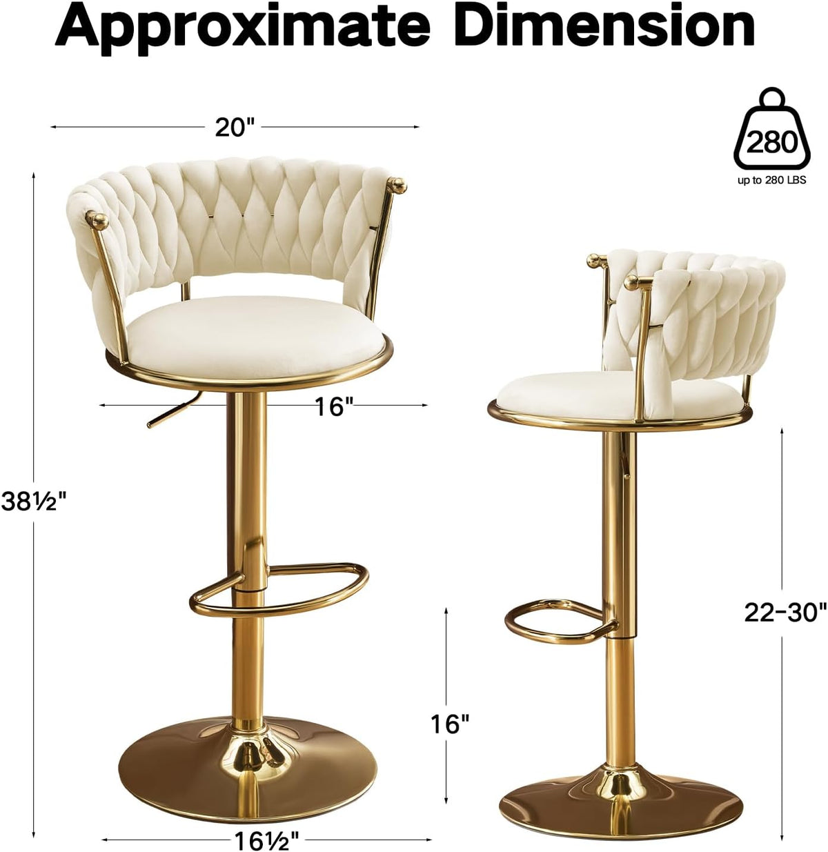 Beige Velvet Bar Stools Set of 4, Adjustable Counter Height