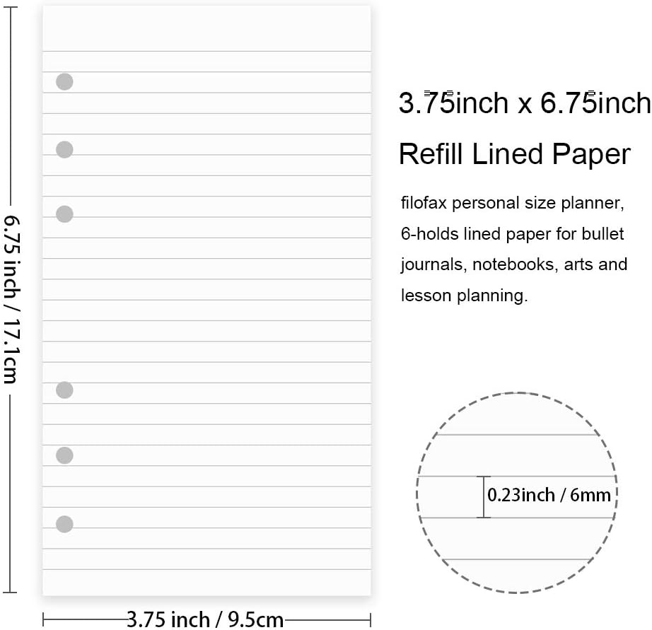 200 Sheets A6 Lined Paper for Filofax Personal Binder Planner, White 100gsm Ruled Pages, 6 Hole Punched, 3.75 x 6.75 Inch