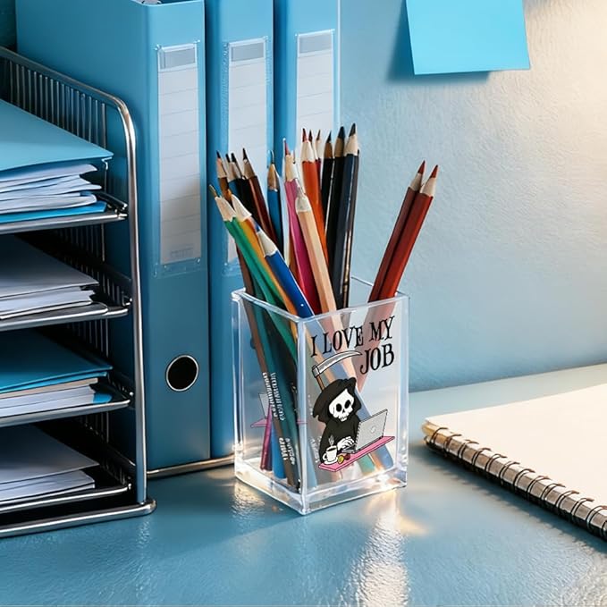 QYUVK I Love My Job Acrylic Makeup Brush Pencil Holder Cup, Funny Grim Reaper - Image 4