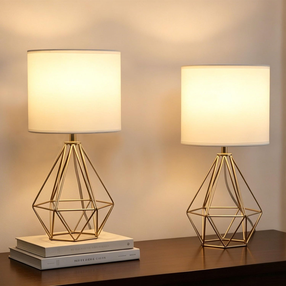 Small Gold Table Lamp Set of 2, Bedside Nightstand Lamps with White Shade, Ho...