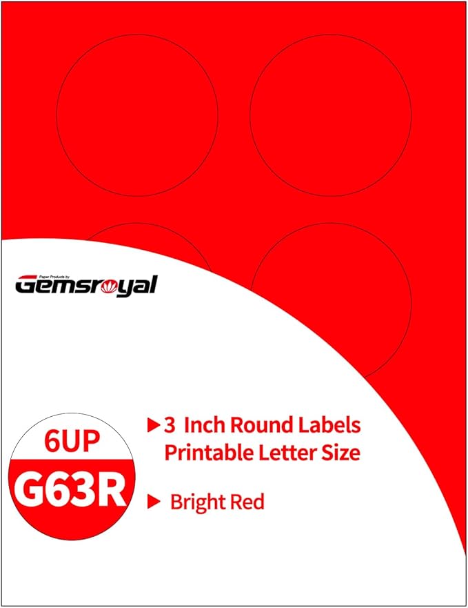 Gemsroyal 3 Inch Bright Red Round Labels Printable, Colorful Round Stickers by Gemsroyal