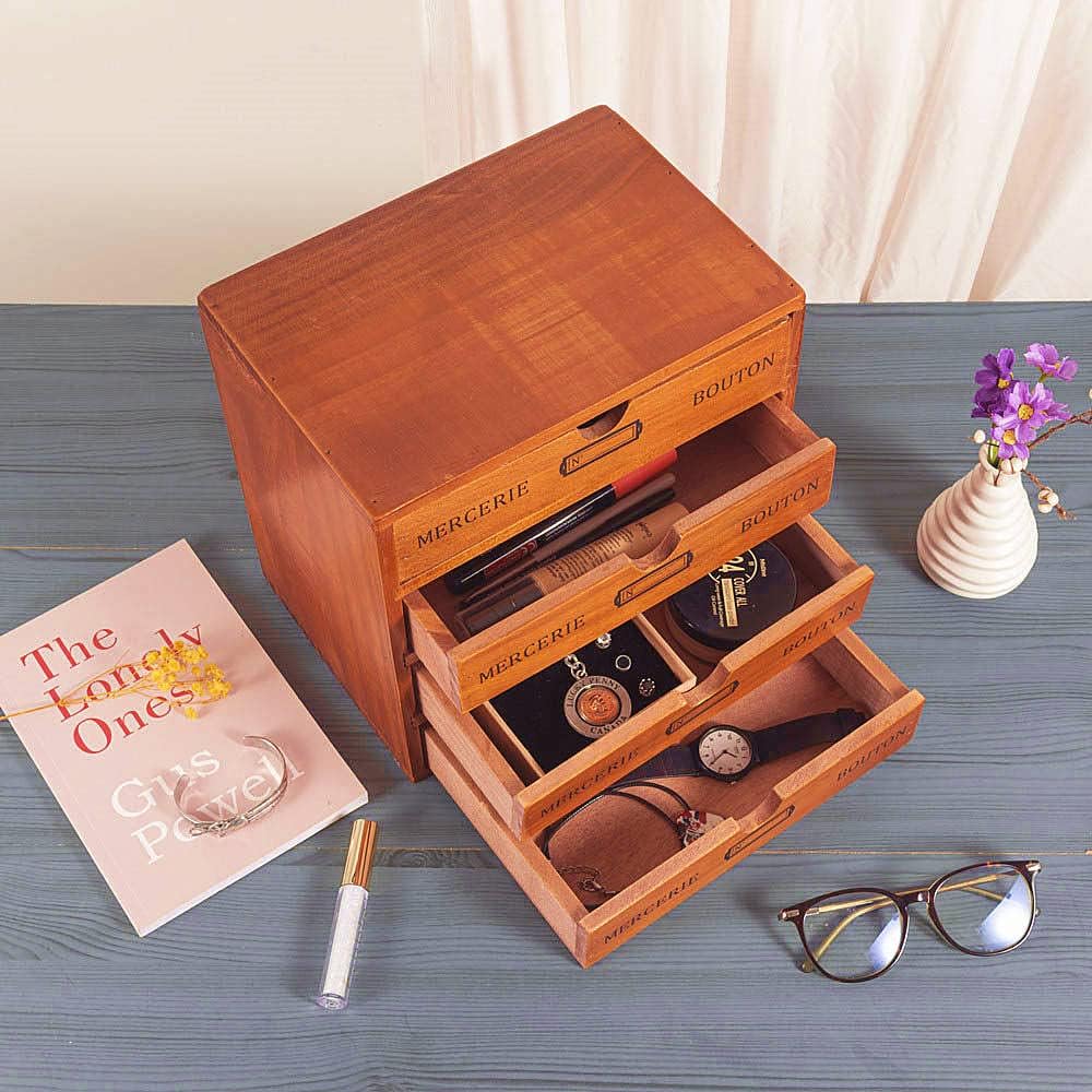Wooden Storage Box Rustic Desktop Organizer with Drawers/Labels 4 Tier Office...