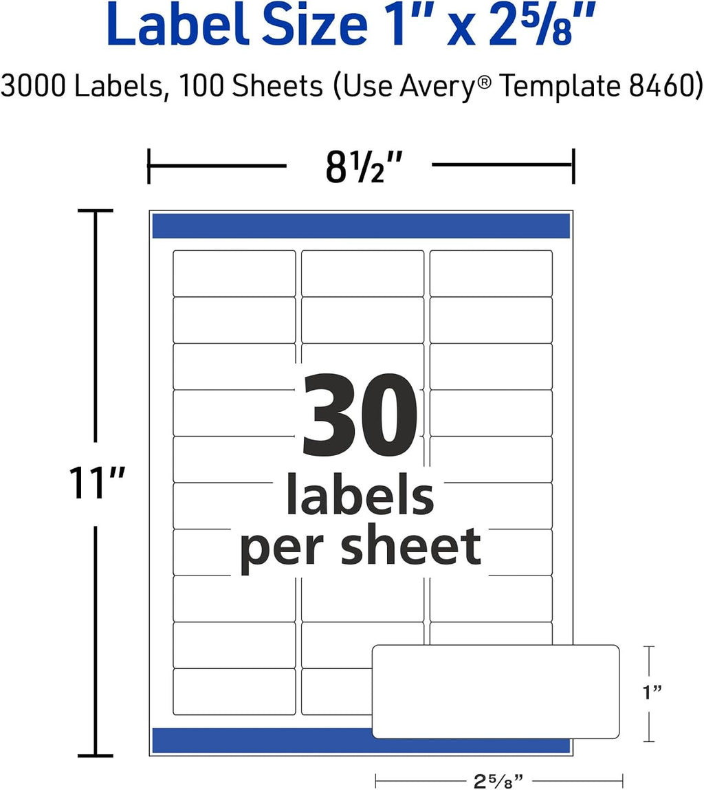 Avery® Easy Peel® Printable Address Labels, Sure Feed® Technology, 1" x 2-5/8" Customizable Stickers, White, 3,000 Blank Mailing Labels, Great for Mailing, Shipping, and More (8460)