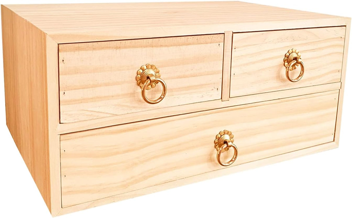 2 Layer Desk Organizer Natural Wooden Storage Box Counter Drawer