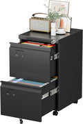 2 Drawer Metal File Cabinet with Lock, Wheels, Assembly Required | Black steel cabinet for Letter/Legal files with 5 casters, two locking casters, name tags, and required assembly.