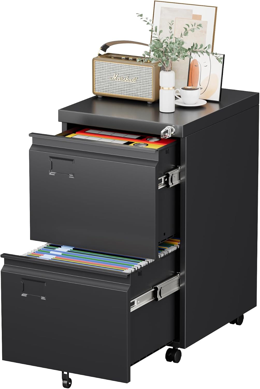 2 Drawer Metal File Cabinet with Lock, Wheels, Assembly Required | Black steel cabinet for Letter/Legal files with 5 casters, two locking casters, name tags, and required assembly.