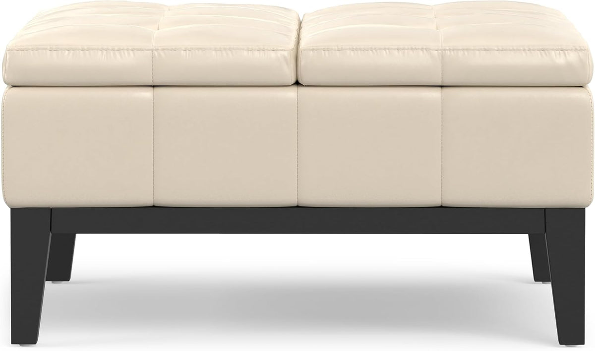 SIMPLIHOME Dover 36" Wide Vegan Leather Storage Ottoman in Satin Cream