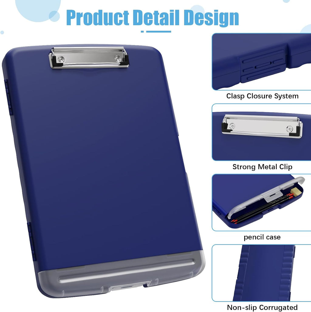Hongri Clipboard with Storage with Pencil Case, 8.5 x 11 Storage Clip Board | High Capacity Organization Box for A4 Letter Legal Paper, Heavy Duty Folio & Side-Opening for Nurses, Teachers, Navy Blue