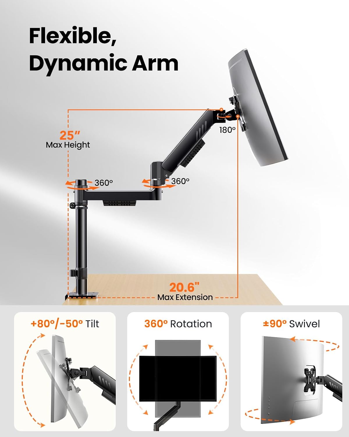 ergear dual monitor stand, stacked monitor mount for showing dimensions