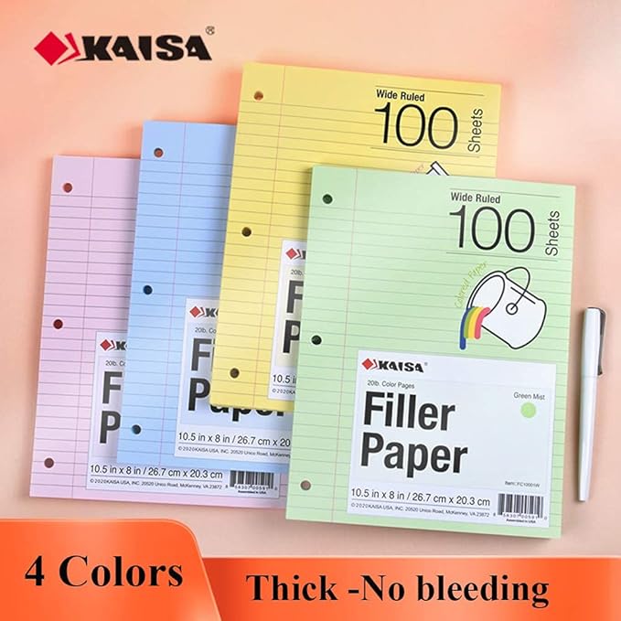 Kaisa Filler Paper Colored loose Leaf Paper, Wide Ruled 8x10.5in Colored Paper - Image 3