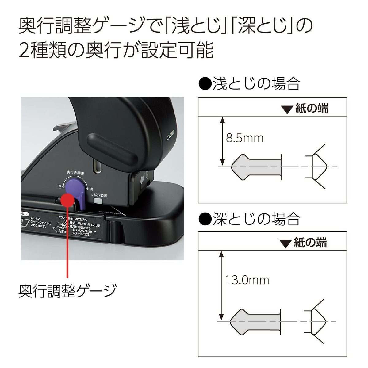 kokuyo harinacs stapleless stapler, large desktop staple free showing dimensions