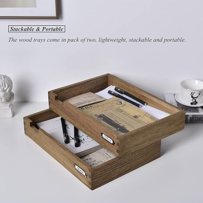 KIRIGEN Wooden Stackable Office Letter Organizer Desk Tray Pack of 2 - Image 2
