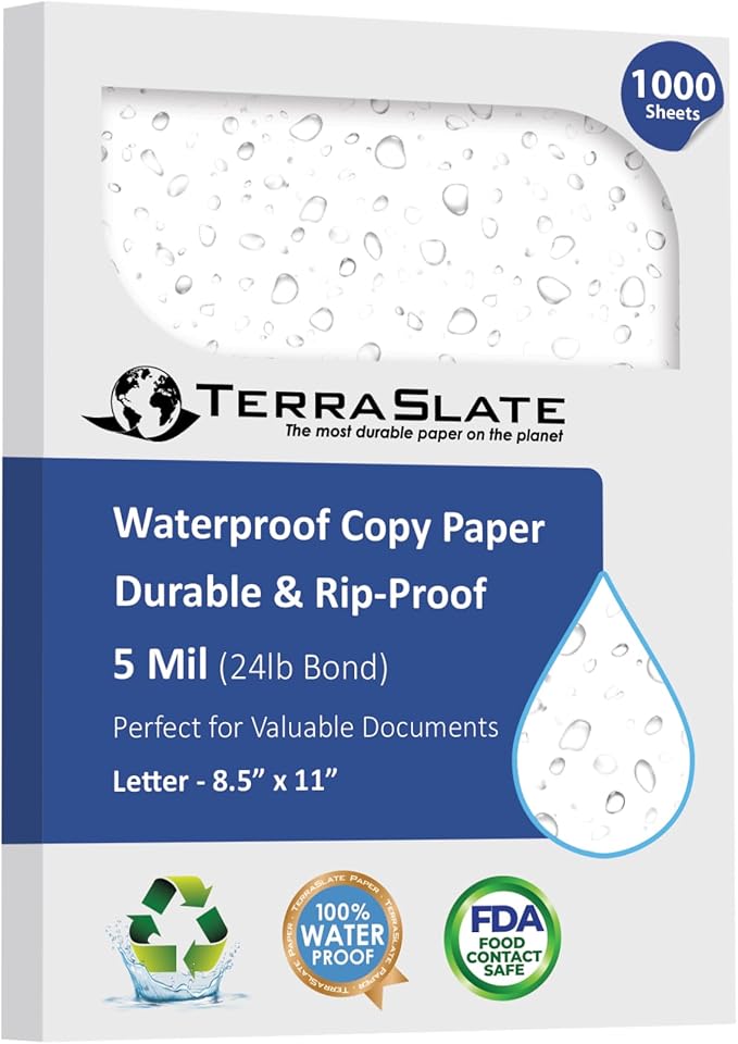 TerraSlate Waterproof, Rip-Proof Paper, 000 Sheets, 5 Mil, 8.5” x 11”, Laser by TerraSlate