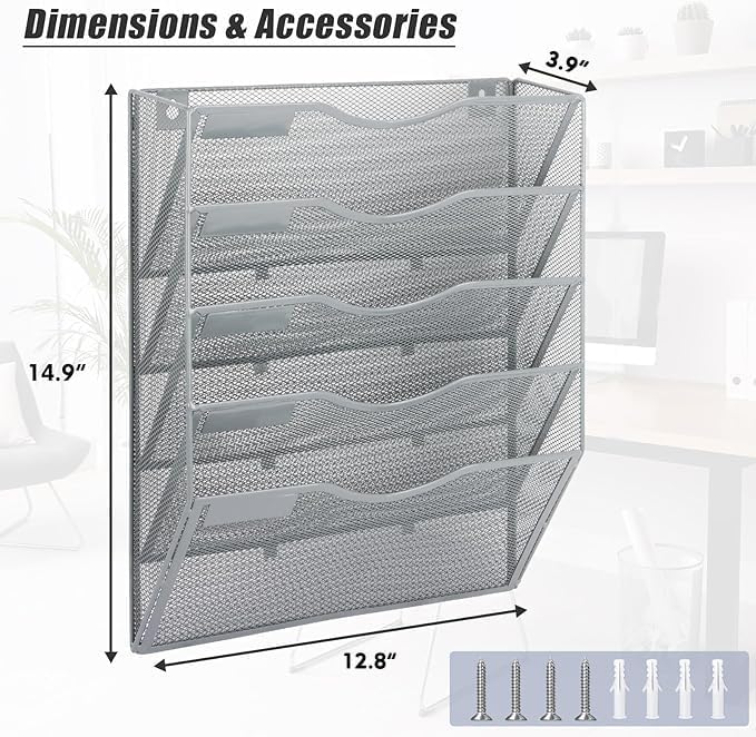 EASEPRES 5 Pocket Mesh Hanging Wall File Organizer, Wall Mounted Mail Paper - Image 4