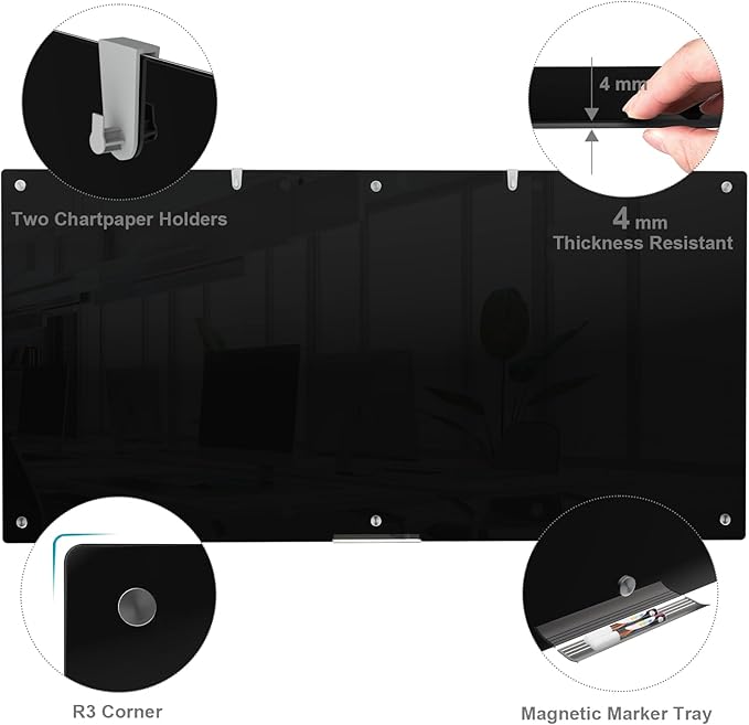 Large Black Glass Dry Erase Board, 96 x 48 Inches Magnetic Glass whiteboard - Image 2