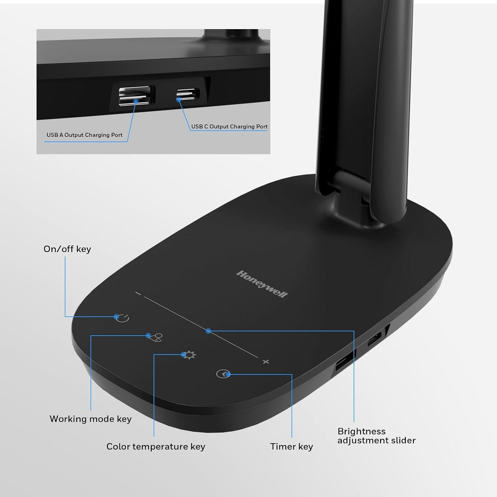 honeywell hwt-h2 led desk lamp, eye-caring full spectrum showing dimensions