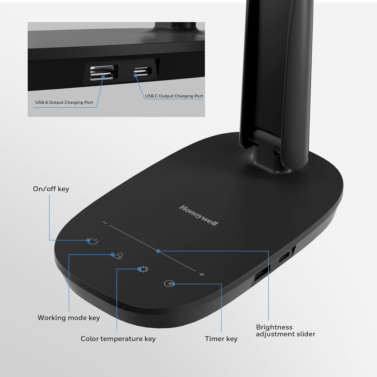 honeywell hwt-h2 led desk lamp, eye-caring full spectrum showing dimensions