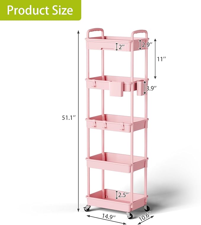 Sorgion 5 Tier Rolling Cart Organizer, Bathroom Cart Organizers - Image 3