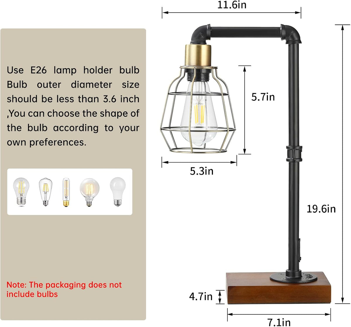 CONCA Steampunk Table lamp, E26 Base Rustic Edison Lighting, cage Shade Table...