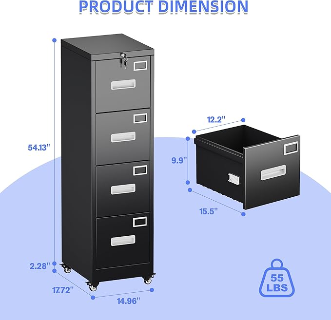 METAN 4 Drawer File Cabinet on Wheels, Lockable Metal Filing Cabinet - Image 3