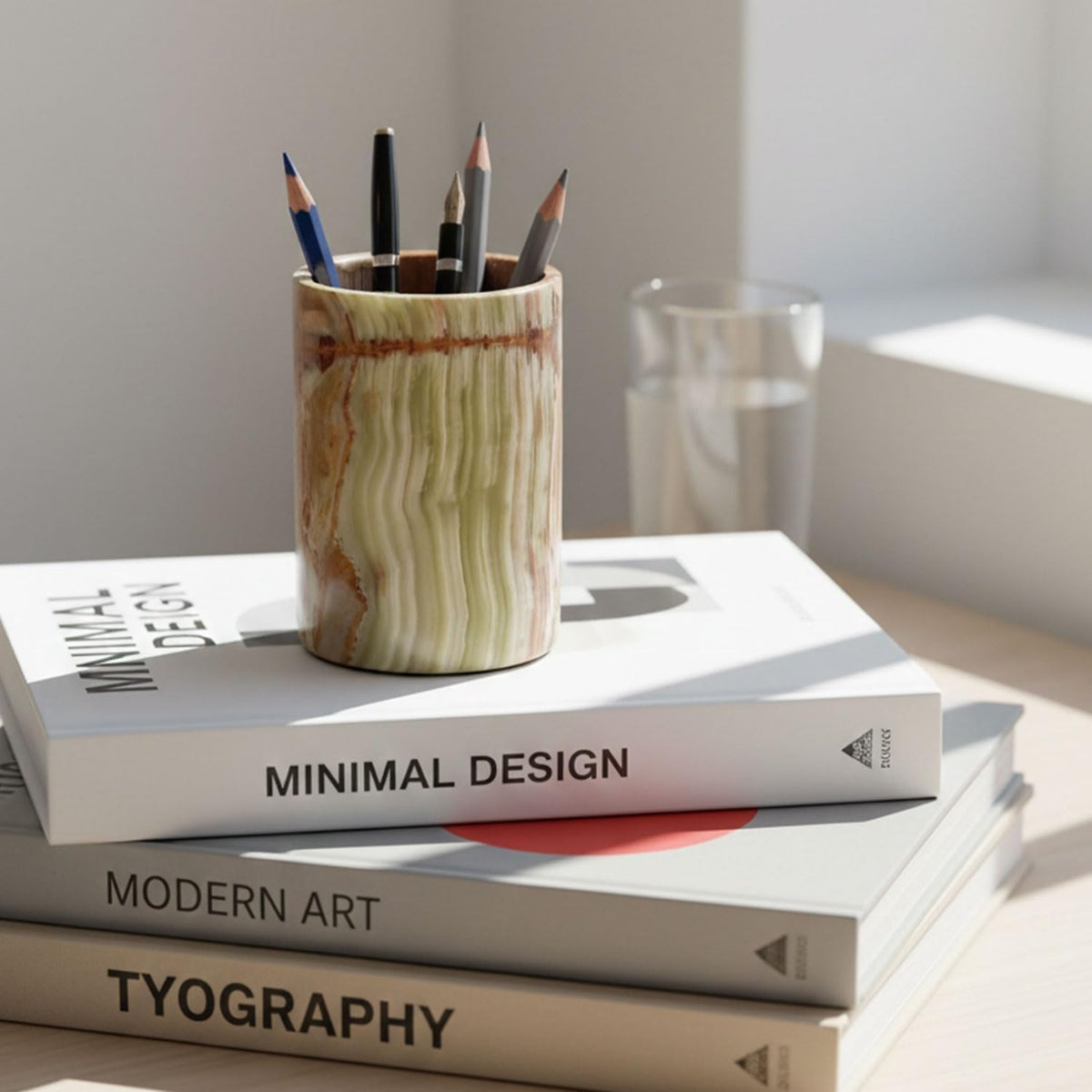 Radicaln Marble Pen Holder for Desk 4" - Pencil Holder & Makeup Brus...