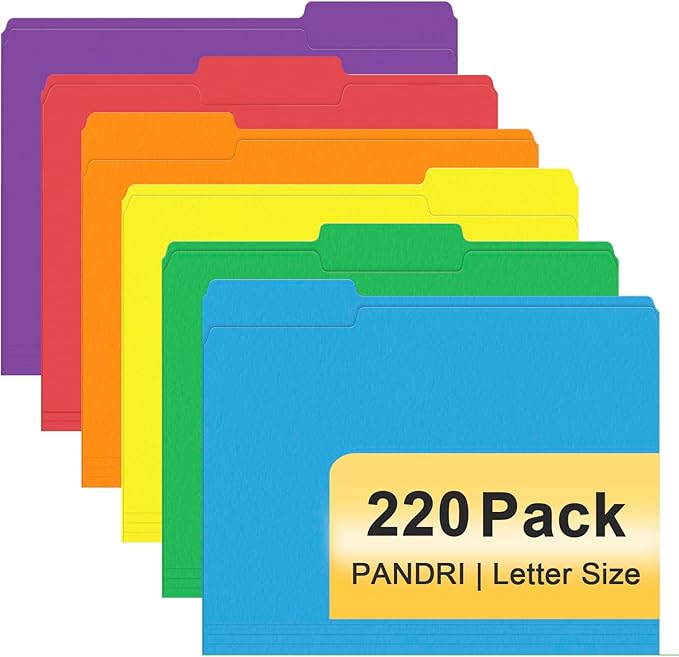 File Folder, PANDRI 220 Pack Colored File Folder, 1/3 Cut Tabs, Letter Size by PANDRI