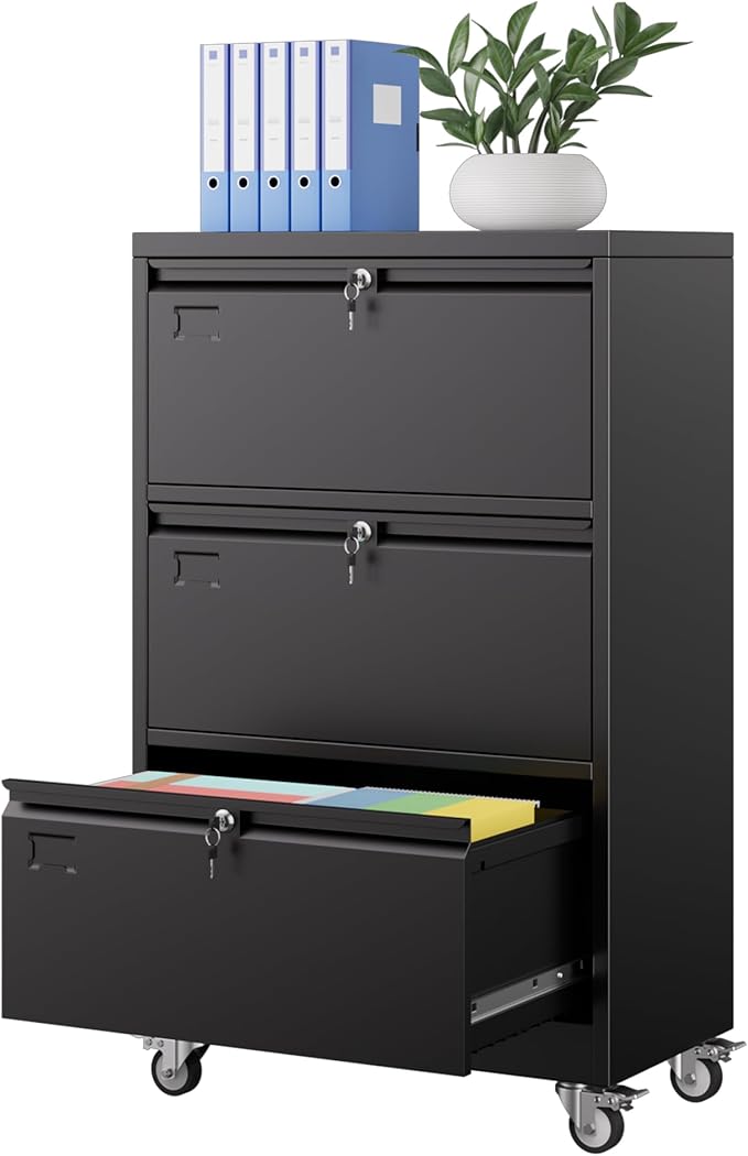 METAN Upgrade 3 Drawers Lateral File Cabinet on Wheels, Steel Office Filing by METAN