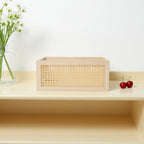 rattan storage basket wooden box wooden storage bins shown in use