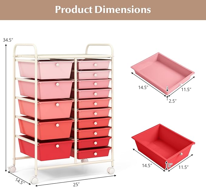 COSTWAY 15 Drawers Storage Cart, Mobile Tools Scrapbook Paper Organizer Cart - Image 3