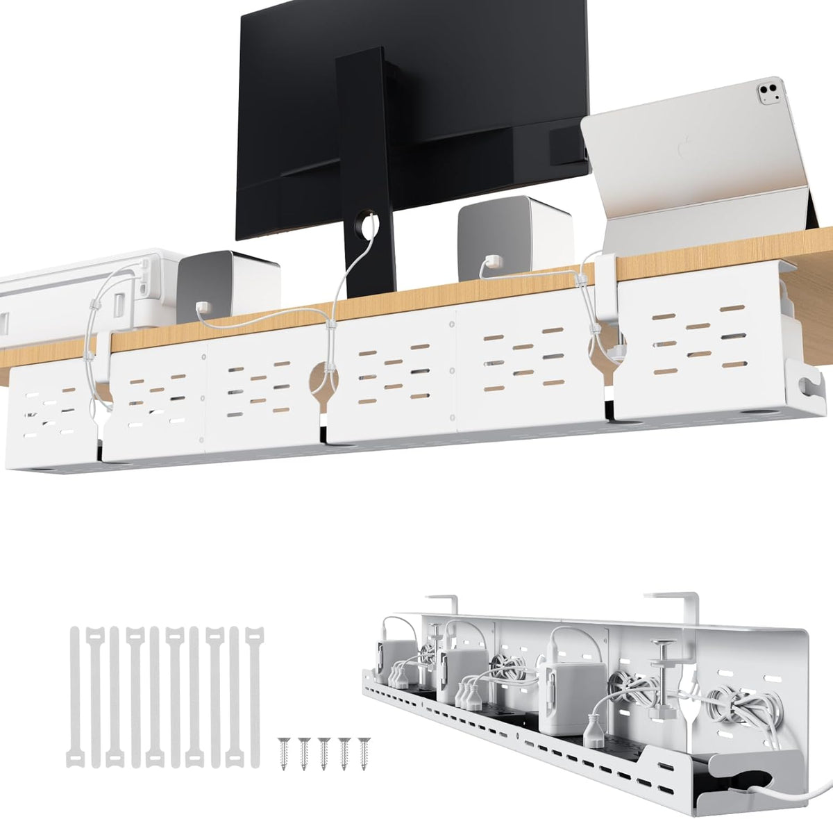 Univivi Under Desk Cable Management Tray, Cable Management, 48 inch, White