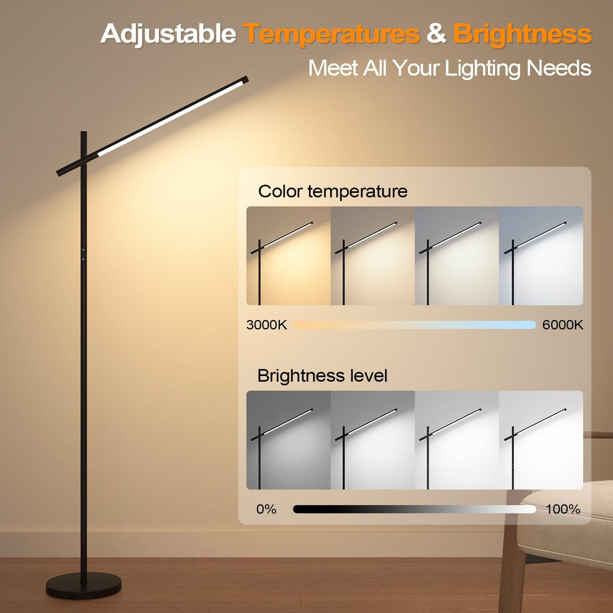 LED Corner Floor Lamp, 360°Rotating Head, Super Bright 1800LM Dimmable Minima...