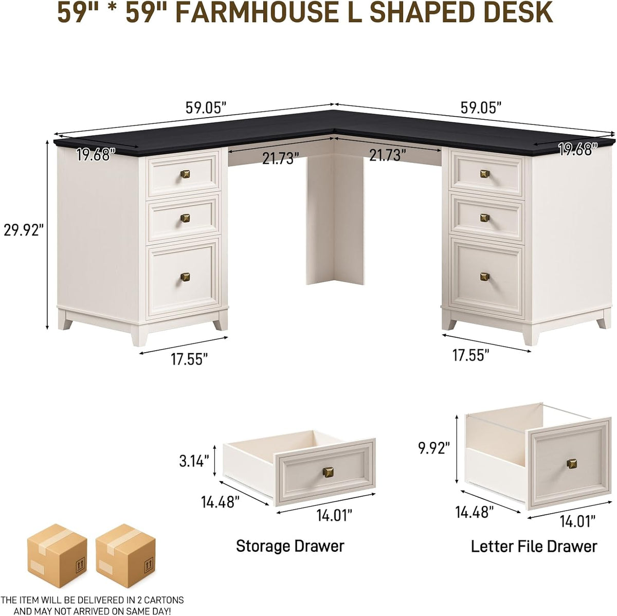 Vabches Farmhouse L Shaped Executive Desk with 6 Drawers, 59’’ Wood Home Offi...