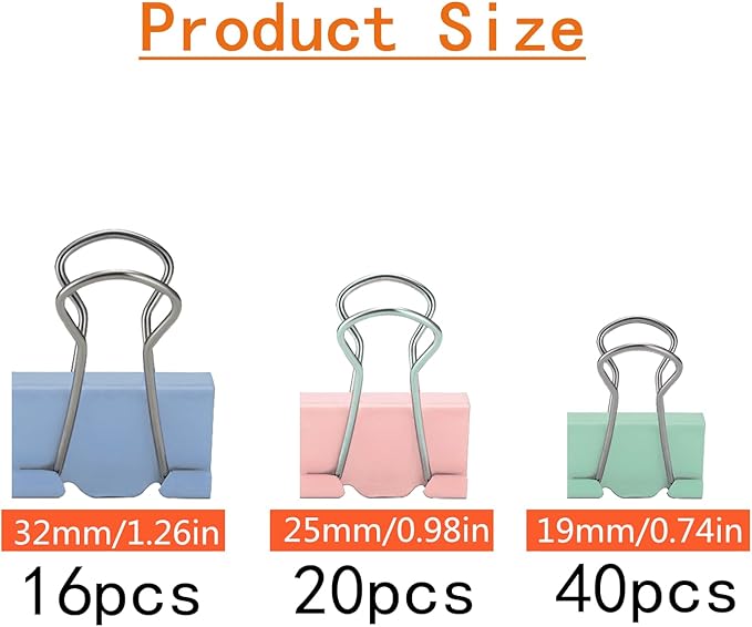 76 Pcs Colored Binder Clips Paper Clamps Assorted Sizes Small Medium Large - Image 2