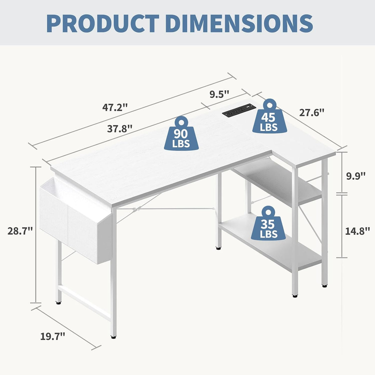 DUMOS Corner Gaming Desk with Power Strip, Storage Shelves and Drawers