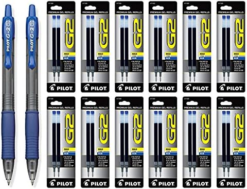 Pilot G2 Retractable Premium Gel Ink Roller Ball Bold, Blue 2 Pens & 24 R...
