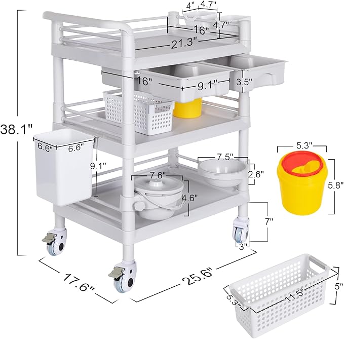 Mobile Medical Carts 3 Tier Professional Utility Cart 330 LBS Max Load Rolling - Image 2