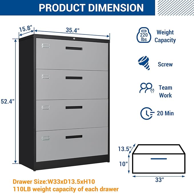 Fesbos Metal Steel 4 Drawer Lateral File Cabinet - Image 3