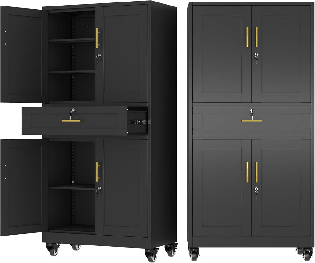 Ckzbx Metal Garage Storage Cabinet with Locking Drawers and Adjustable Shelves,71" H Rolling Tool Storage with Wheels for Garage,Office (Black)
