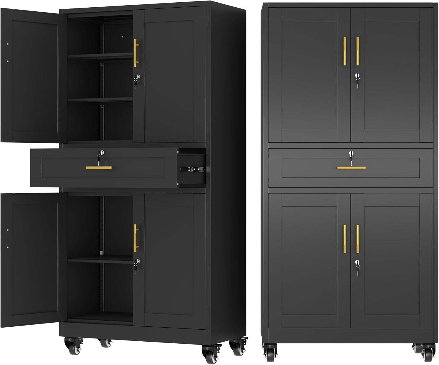 Ckzbx Metal Garage Storage Cabinet with Locking Drawers and Adjustable Shelves,71" H Rolling Tool Storage with Wheels for Garage,Office (Black)