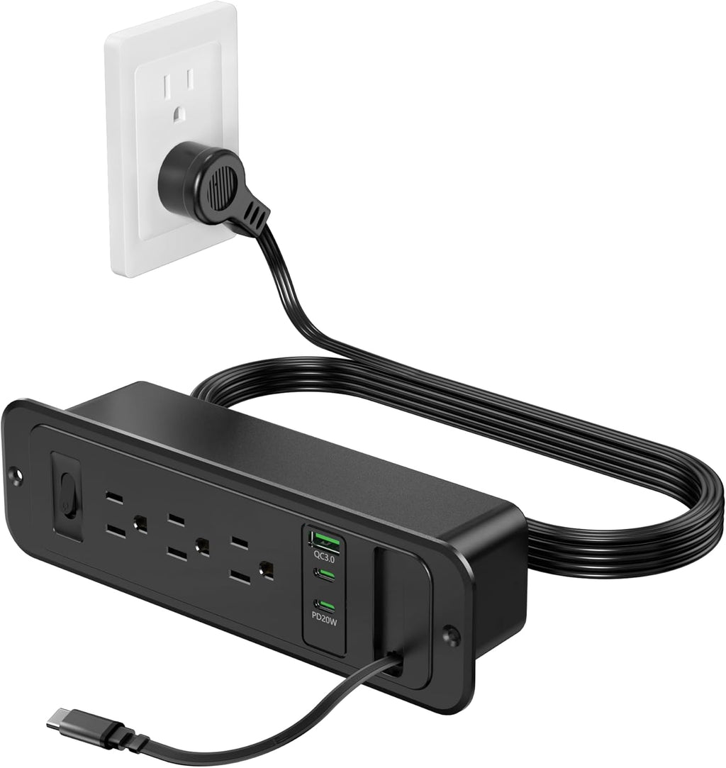 Recessed Power Strip with Retractable USB C Cable, 2 PD 20W USB C, Flush Mount